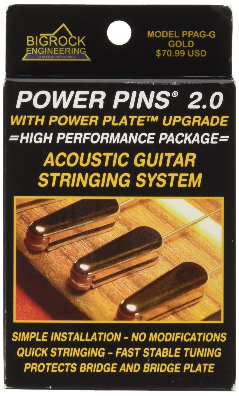 Big Rock Power Pins 2.0 - Gold Chrome Set with Power Plate Upgrade- Patented Bridge Pin System for Acoustic Guitars- Improved Tone, Amplified Sound, Easier Restringing, and Faster Tuning - Image 1